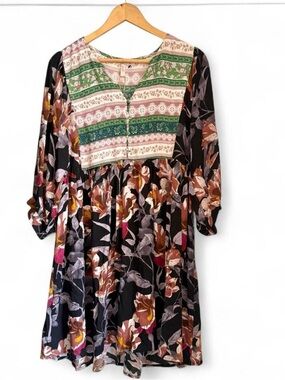 Jardin by Macris Boho Mixed Floral Print Babydoll Mini Dress - Large